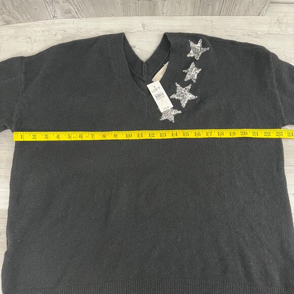 Loft Black Shimmer Silver Sequin Star V-Neck Back Long Sleeve Sweater XL - Picture 6 of 7